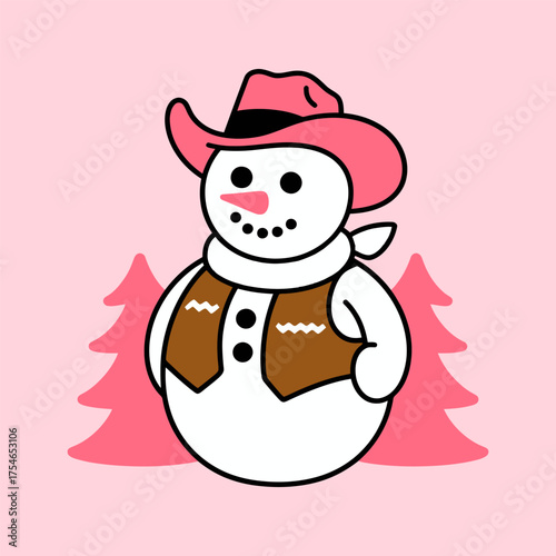 Cowboy Snowman Wearing Hat with Pink Christmas Trees Illustration