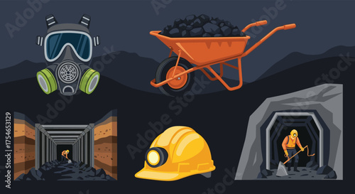 Miner and mining equipment including gas mask and hard hat.