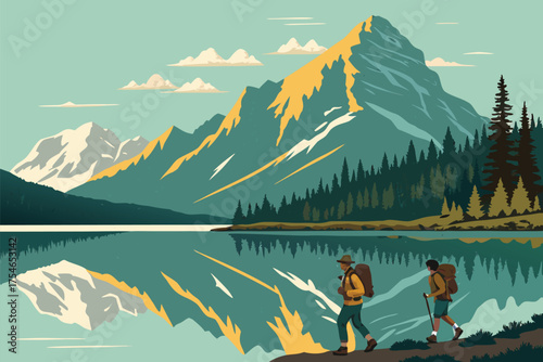 Two hikers trek along a lake with majestic mountains in the background.