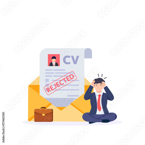 Frustrated businessman with reject stamp on the stack of paper sheets, refusal to grant a loan or job, blank or cv resume with stamp-rejected