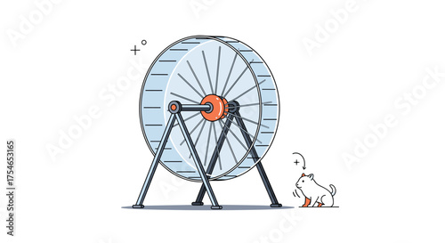 A small rabbit runs enthusiastically inside a large hamster wheel on a white background.