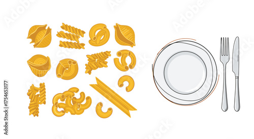 A collection of assorted pasta shapes next to a white plate and cutlery.