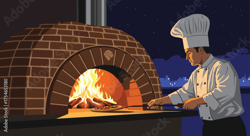 Chef preparing food in a wood-fired brick oven at night.