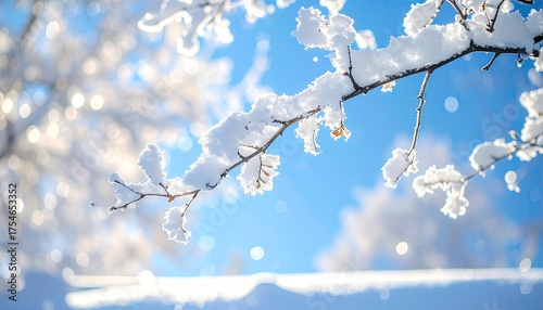 Close Up Of Snow Covered Tree Branches Against A Bright Blue Sky On A Sunny Winter Day With Soft Bokeh Background