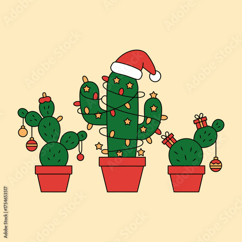 Festive Christmas Cactus with Santa Hat Illustration