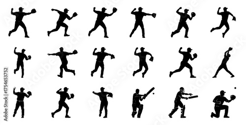Baseball and Cricket Player Silhouettes pitcher batter