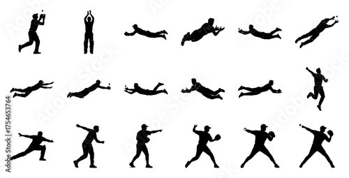 Baseball players in action silhouettes catch