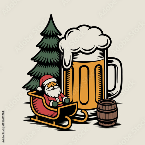 Santa with Beer Mug and Christmas Tree Illustration