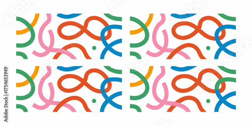 Playful abstract pattern with colorful curved lines and infinity shapes on a white background
