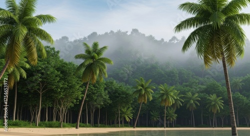 Lush tropical paradise with palm trees and misty forest backdrop on tranquil beach