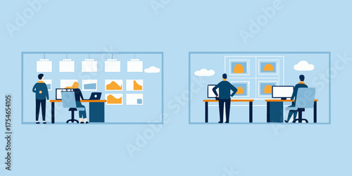 Diverse team working in modern office spaces with data visualization and computer screens