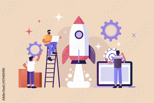 Team working together to launch a rocket symbolizing startup success and innovation