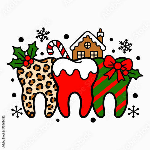 Christmas Teeth with Holly Candy Cane and Gingerbread House Illustration