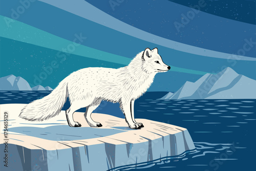 An arctic fox stands on an iceberg under the aurora borealis.