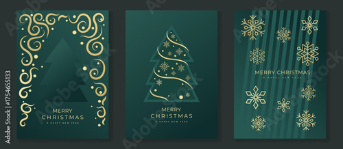 Luxury Merry Christmas Happy Holiday and Happy New Year Vector Greeting Card Set with Gold Christmas Tree and Snowflakes on Dark Green Background