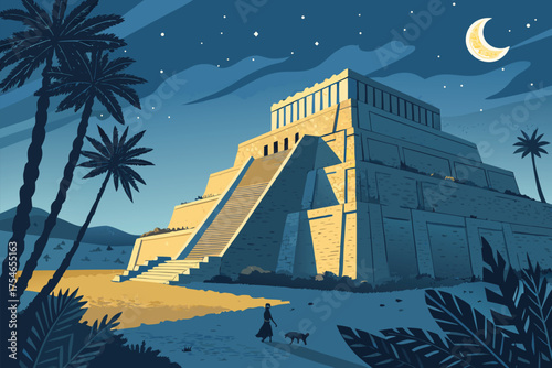 A Mayan pyramid bathed in moonlight with palm trees.