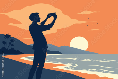 Man silhouetted against a sunset on a tropical beach taking a photo.