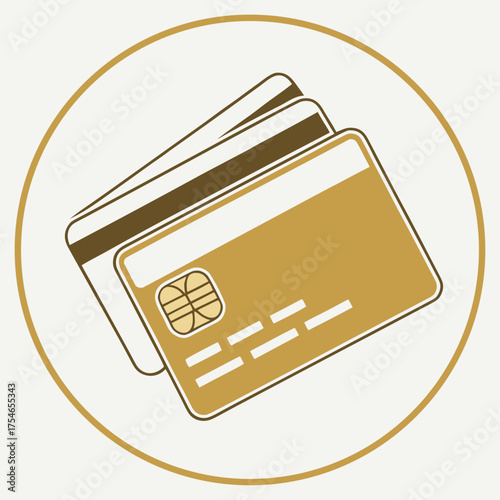 Two credit cards overlapping inside a golden circle against a white background illustration design