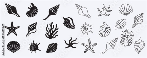 Sea Shell and Coral Vector Icon Set – Ocean Marine Life Outline and Silhouette Design