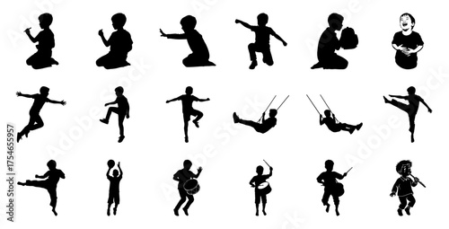 Children playing and dancing silhouettes kicking