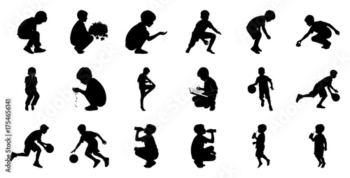 Children playing and interacting silhouettes drawing