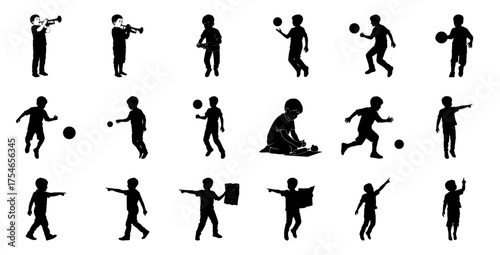 Children playing and pointing silhouettes ball