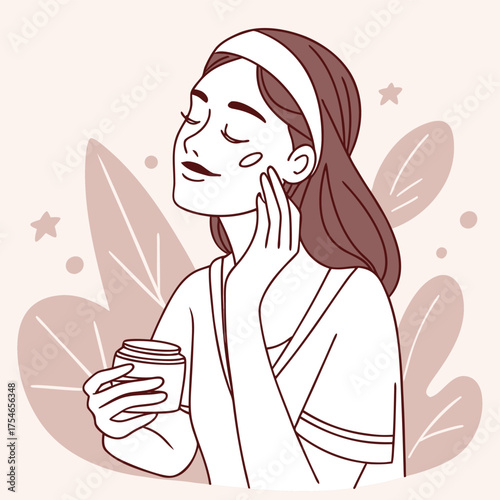 Stylized illustration of a person in a headband and top gently applying facial cream from a small jar set against a soft background with leaves and sparkles, emphasizing skincare and self-care.