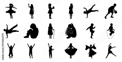 Children silhouettes dancing playing sports and celebrating