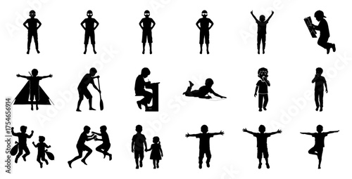 Children silhouettes diverse actions poses playing