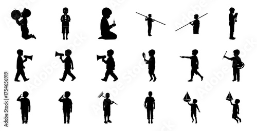 Children silhouettes diverse actions boys activities