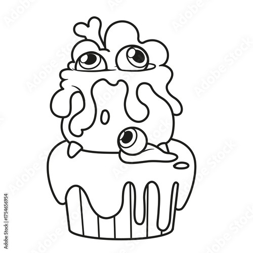 Biscuit cake with Halloween witch cauldron eith potion decoration outline for coloring page on white background