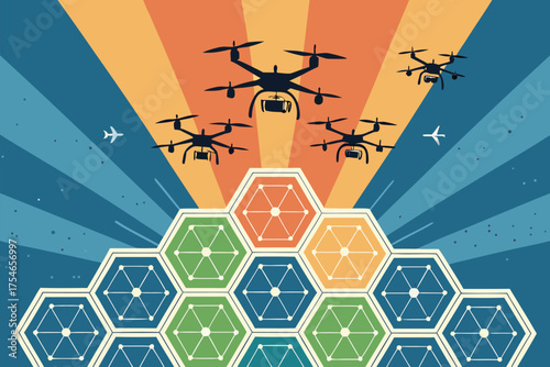 Drones and aircraft fly over a futuristic hexagonal grid.