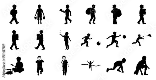 Children silhouettes diverse activities boys walking