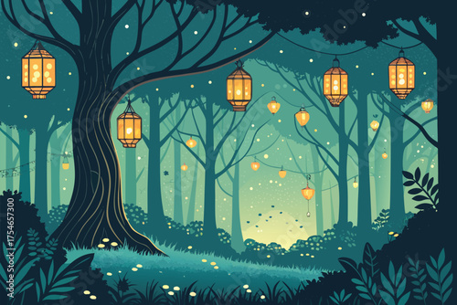 A magical forest at night illuminated by hanging lanterns and fireflies.