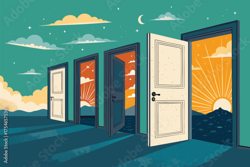 Multiple open doors reveal different sunrise sky landscapes.