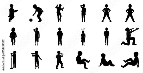 Children silhouettes diverse poses playing singing