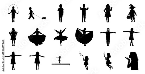 Children silhouettes playing and dancing jumping rope
