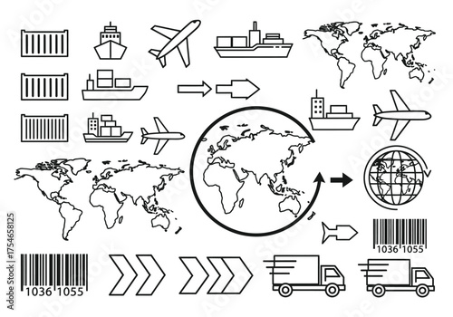Freight Transportation Icons, Worldwide, Illustration, Business Environment, Top-Down View, Logistics Concept