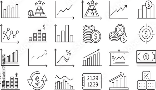 Financial Graphs and Business Analytics Icons Set in Outline Style