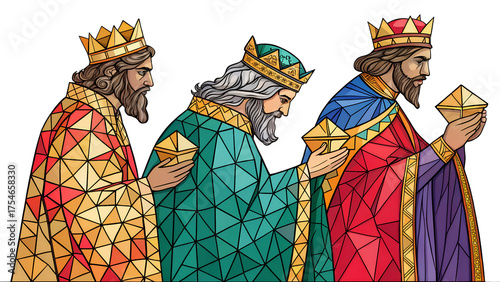 Three Wise Men Rendered in Stained-Glass Art Style, Isolated PNG