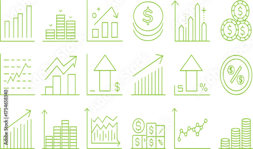Business and finance green line icons for presentation or report