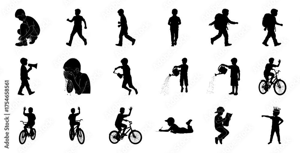 Naklejka premium Children silhouettes various activities boys playing