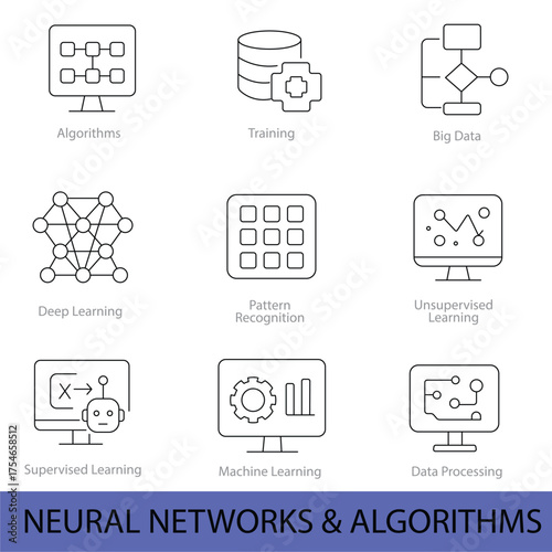 Neural Networks and Algorithms Line Icons — Deep Learning, Data Processing, and Machine Learning Vector Set  | Vector Set in AI, EPS, SVG | Designed in Adobe Illustrator