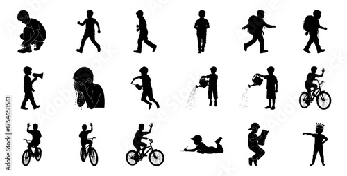 Children silhouettes various activities boys playing