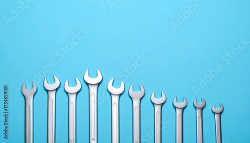 A top-down shot presents a symmetrical array of chrome-finished open-end wrenches arranged on a vibrant, aqua-blue background. The tools are aligned in a descending pattern