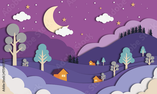Night Landscape Paper Cut Background with Moon, Stars, and Hills