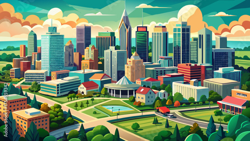 Very beautiful aerial panorama of downtown Greensboro, North Carolina, USA, showcasing modern skyscrapers, green spaces, and the vibrant urban skyline surrounded by peaceful neighborhoods and rolling 