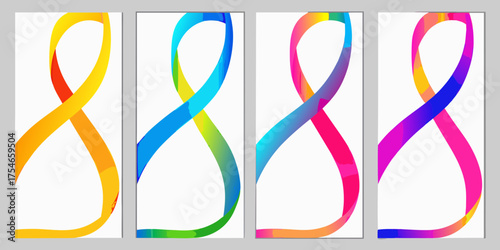 Four vertical panels featuring abstract ribbon shapes in vibrant gradient colors