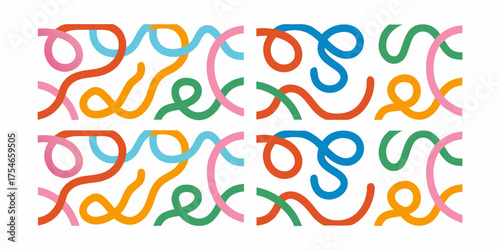 Playful abstract pattern with colorful curved lines and loops on a white background