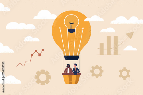 Business partners in a lightbulb hot air balloon ascend towards success with growth charts and gears symbolizing innovation and teamwork